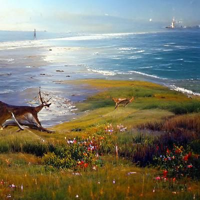 a sharp legged deer in a meadow by the pacific ocean