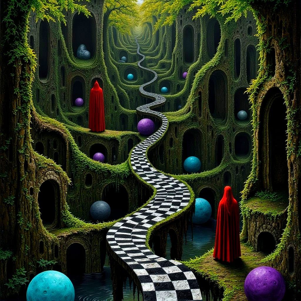 Esoteric Labyrinth with Red-Robed Figures