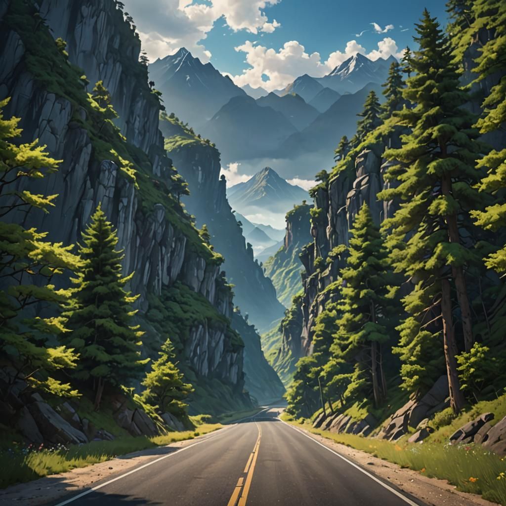 Empty old road behind winding up into distant mountains blue...