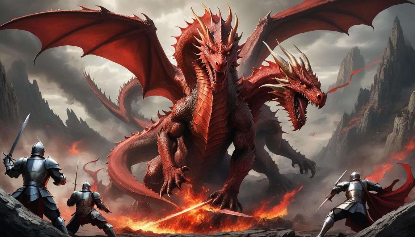 epic fight moment between a huge red dragon and a knight