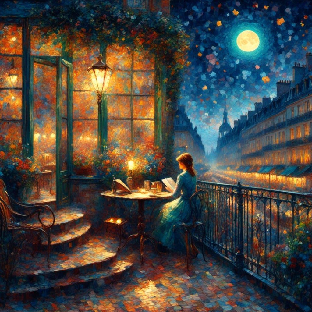 <lora:RomanticismOilXL:1.0> <lora:WaterPointXL:0.2> Beautiful girl reading book by the window of Paris quarter colorful vibrant bold color m...