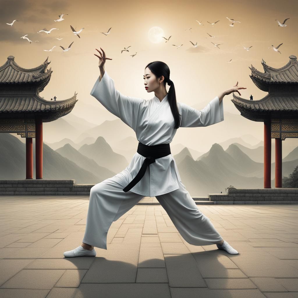 Tai Chi Girl on Taijitu in Expressionist Style