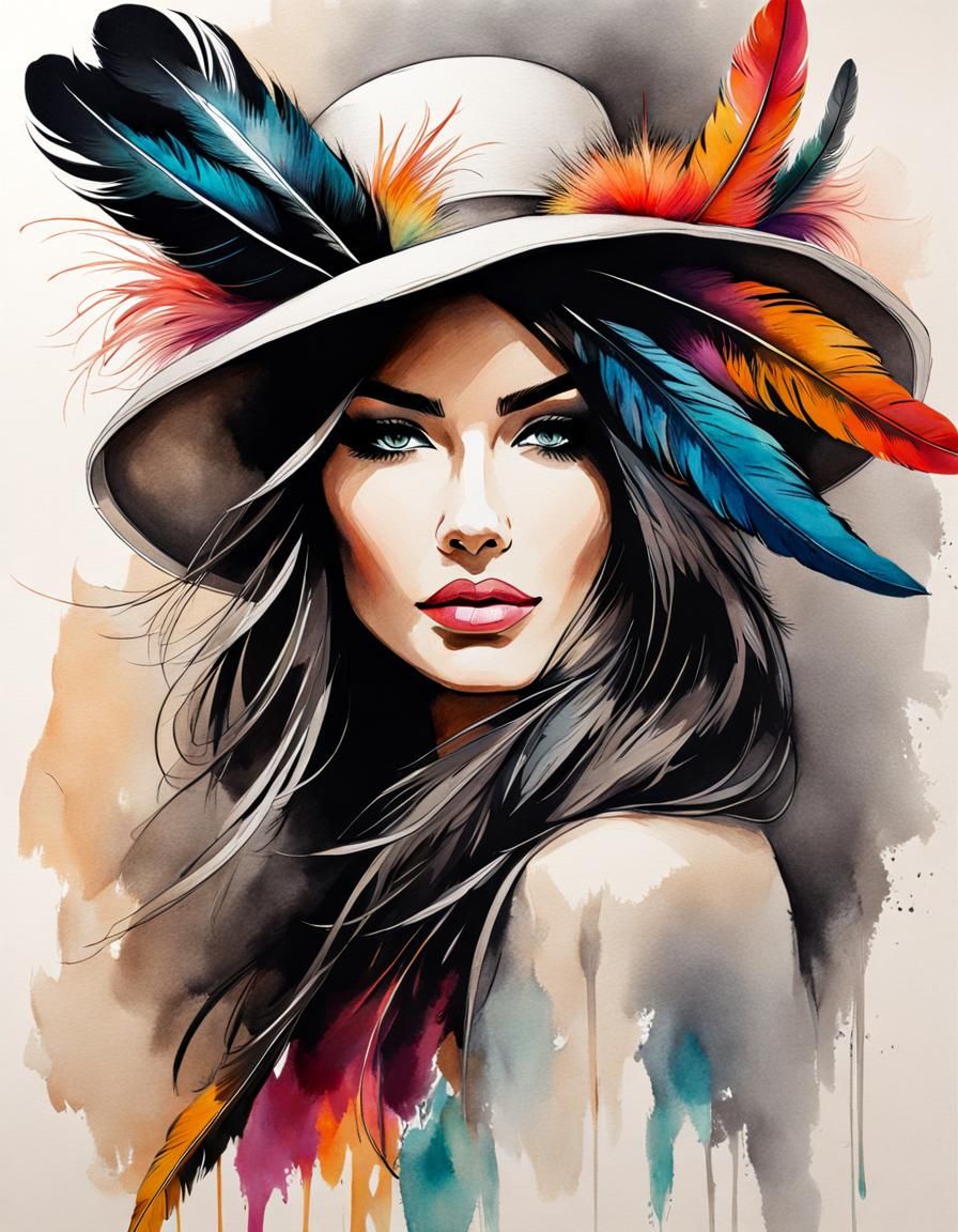 Beautiful woman in a feathered  hat