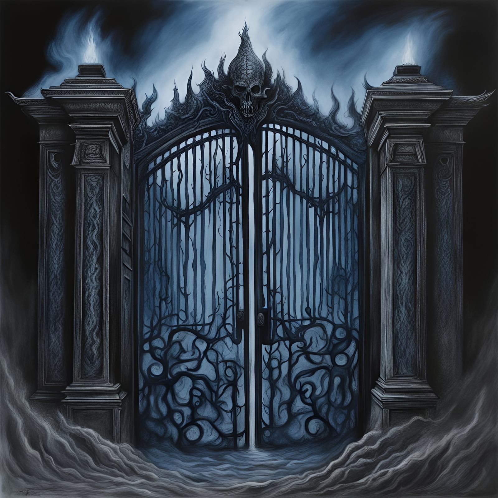 blue Gates of hell in dark blue mist in the style of Eerie M...