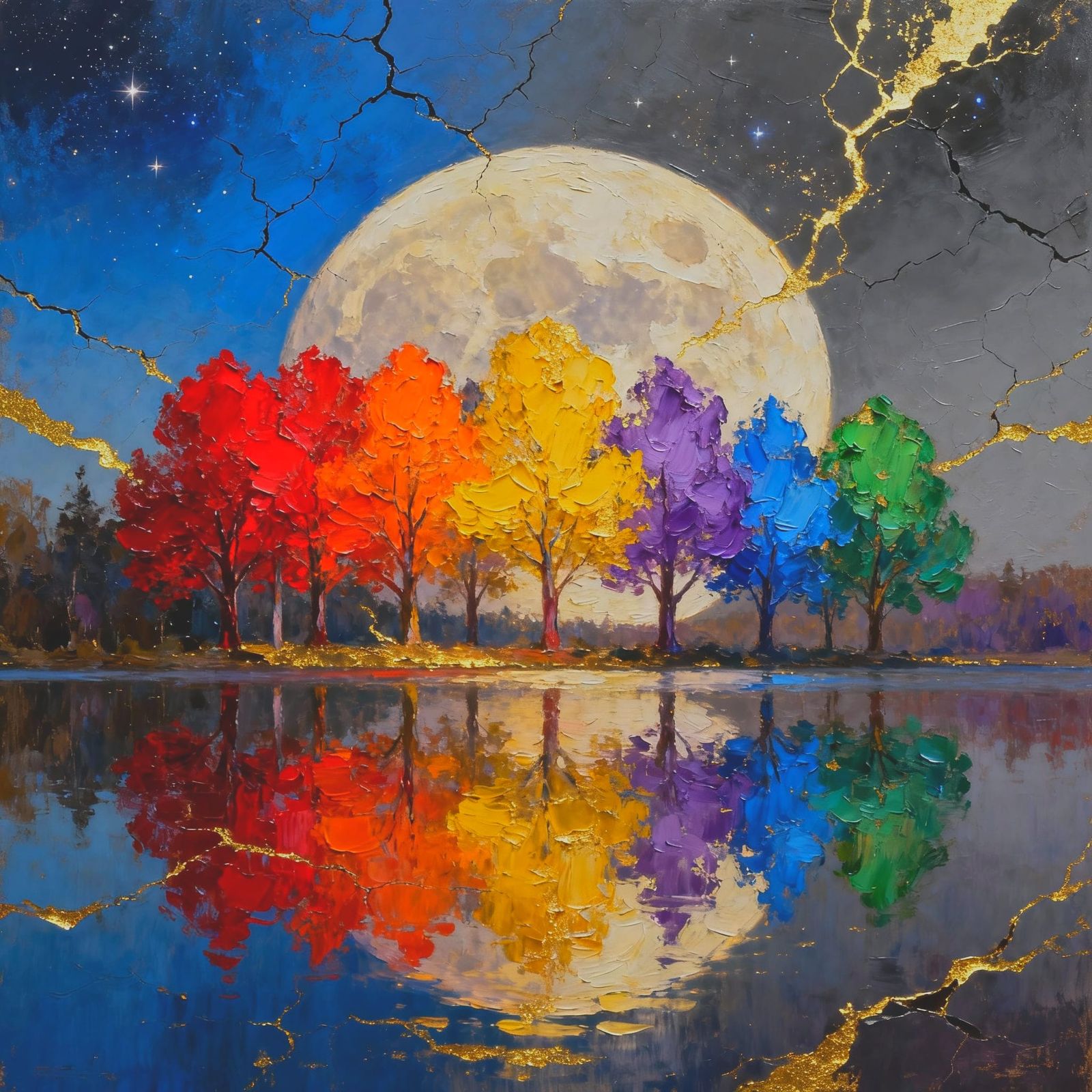 Impasto Landscape Painting of Vivid Trees and Giant Moon
