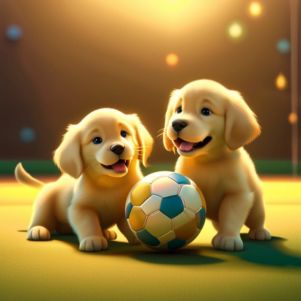 Golden Retriever Puppies Play: Pixar-Style 3D Art