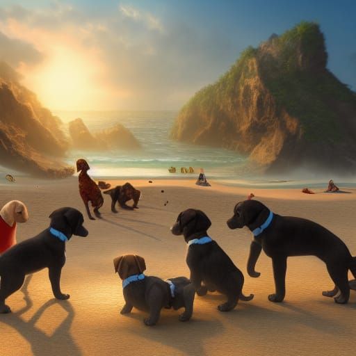 Lots of puppies playing on the beach