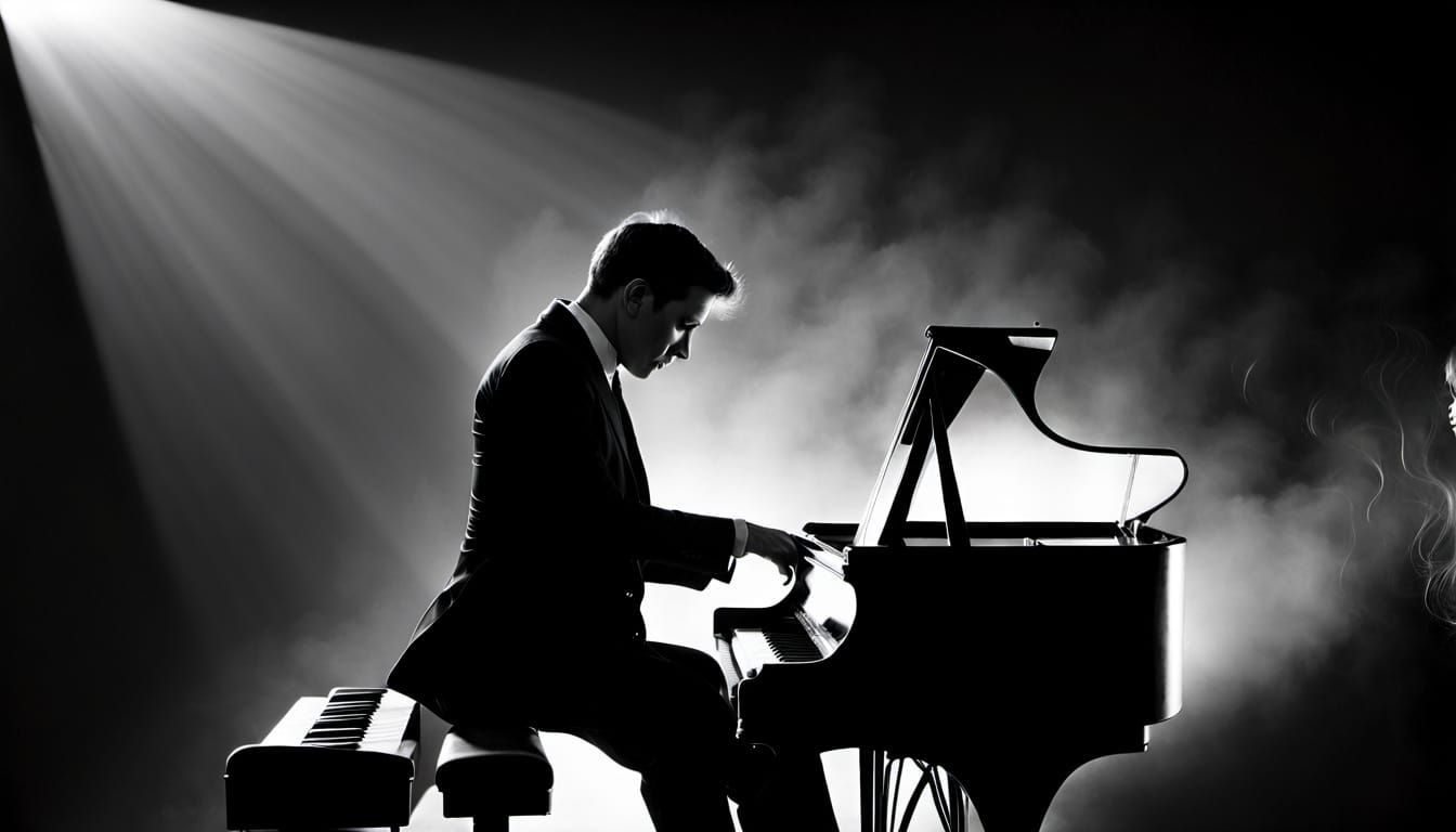 Scene: Black and white shot of a Smoky high contrast jazz bar. 