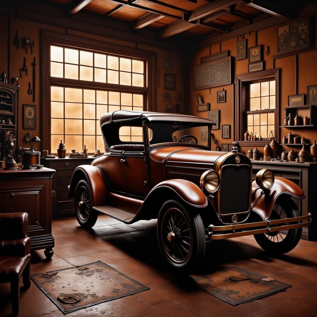 <lora:LeatherRinseRepeat:1.0> hyperrealism, an old-fashioned model T ford car parked in a garage