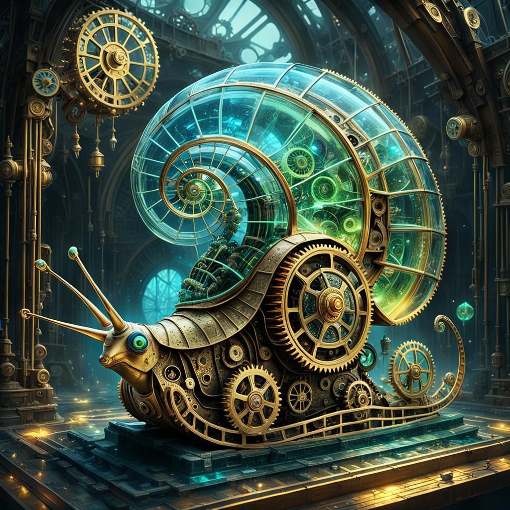 (glass fluorescent snail in steampunk style consisting of br...