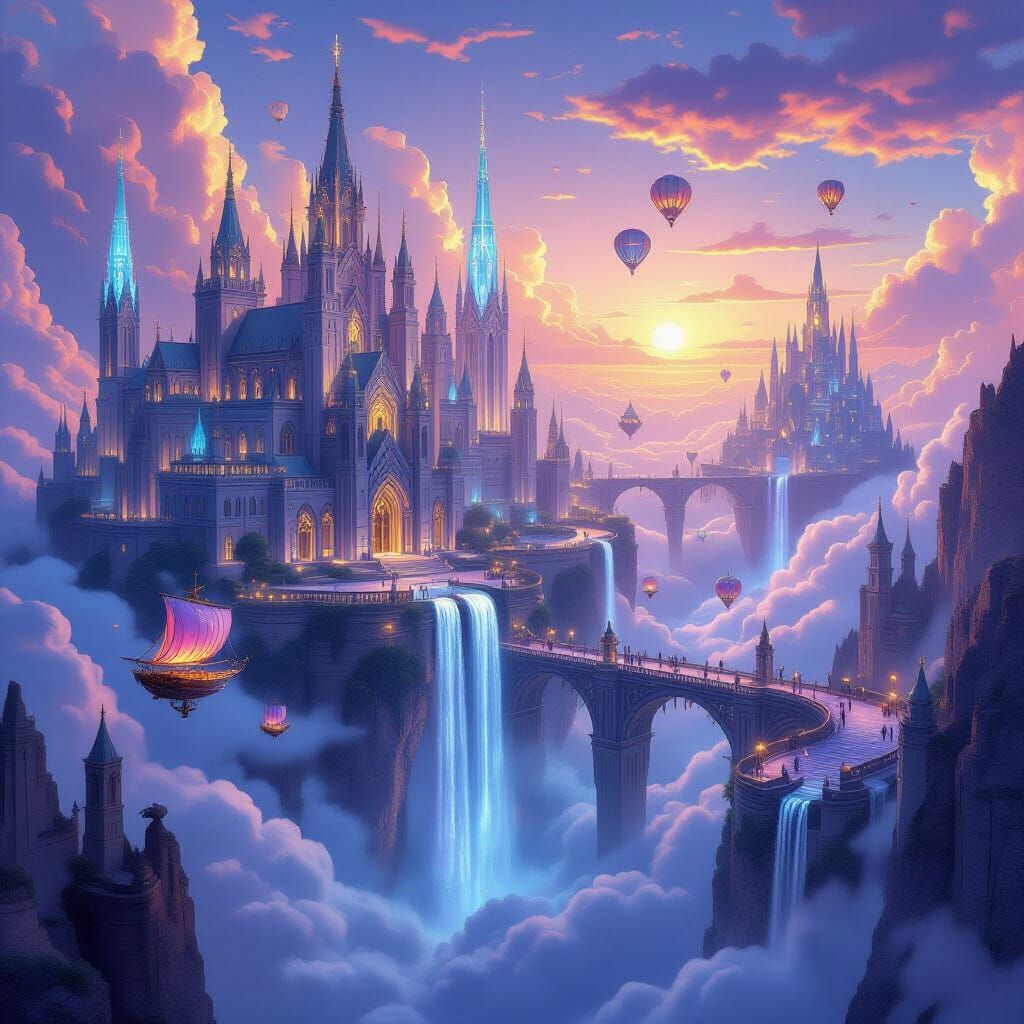 

"A breathtaking, grand cityscape in a high-fantasy setting, where magnificent structures of stone and crystal float effortlessly above a s...