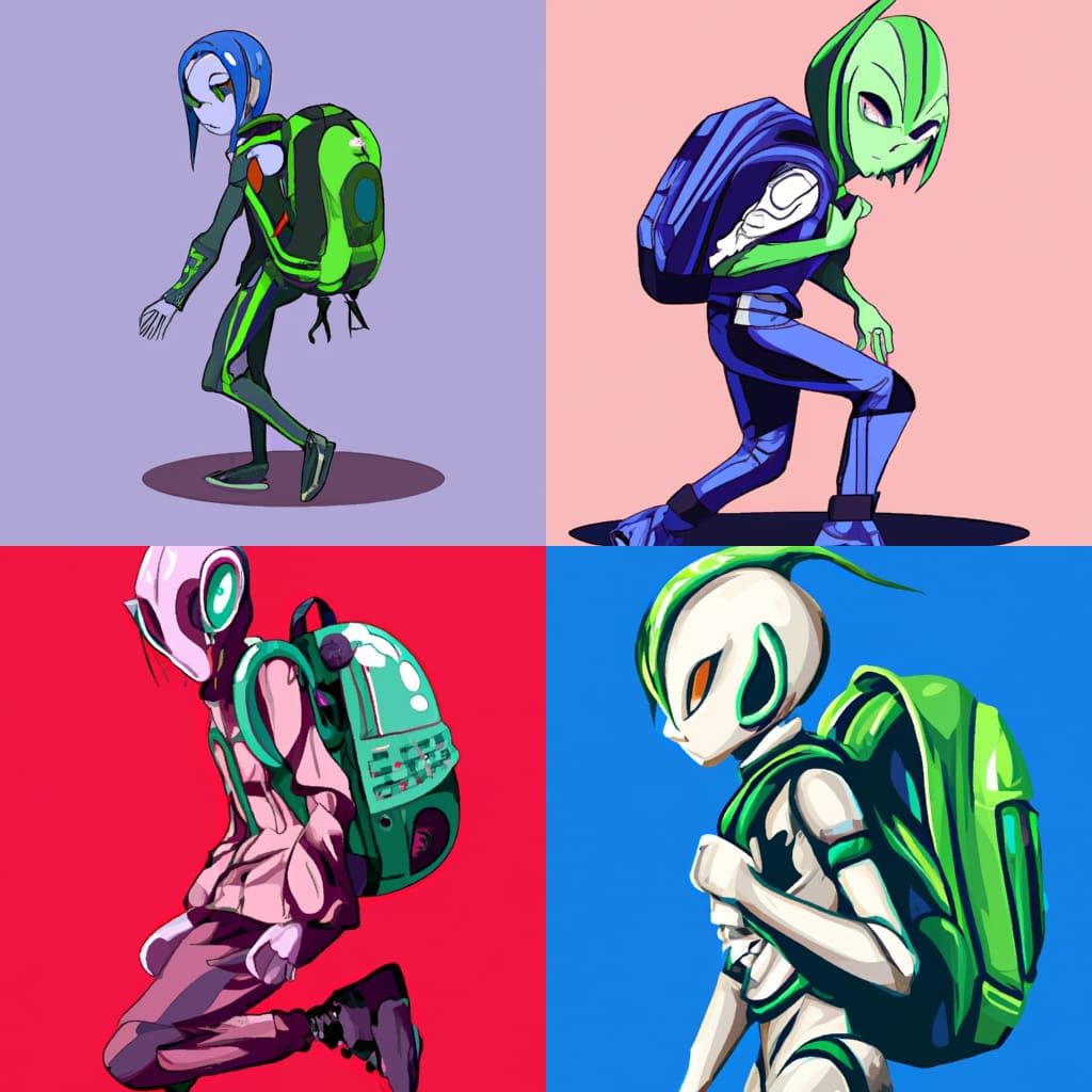 Humanoid Anime Alien wearing a Backpack 
