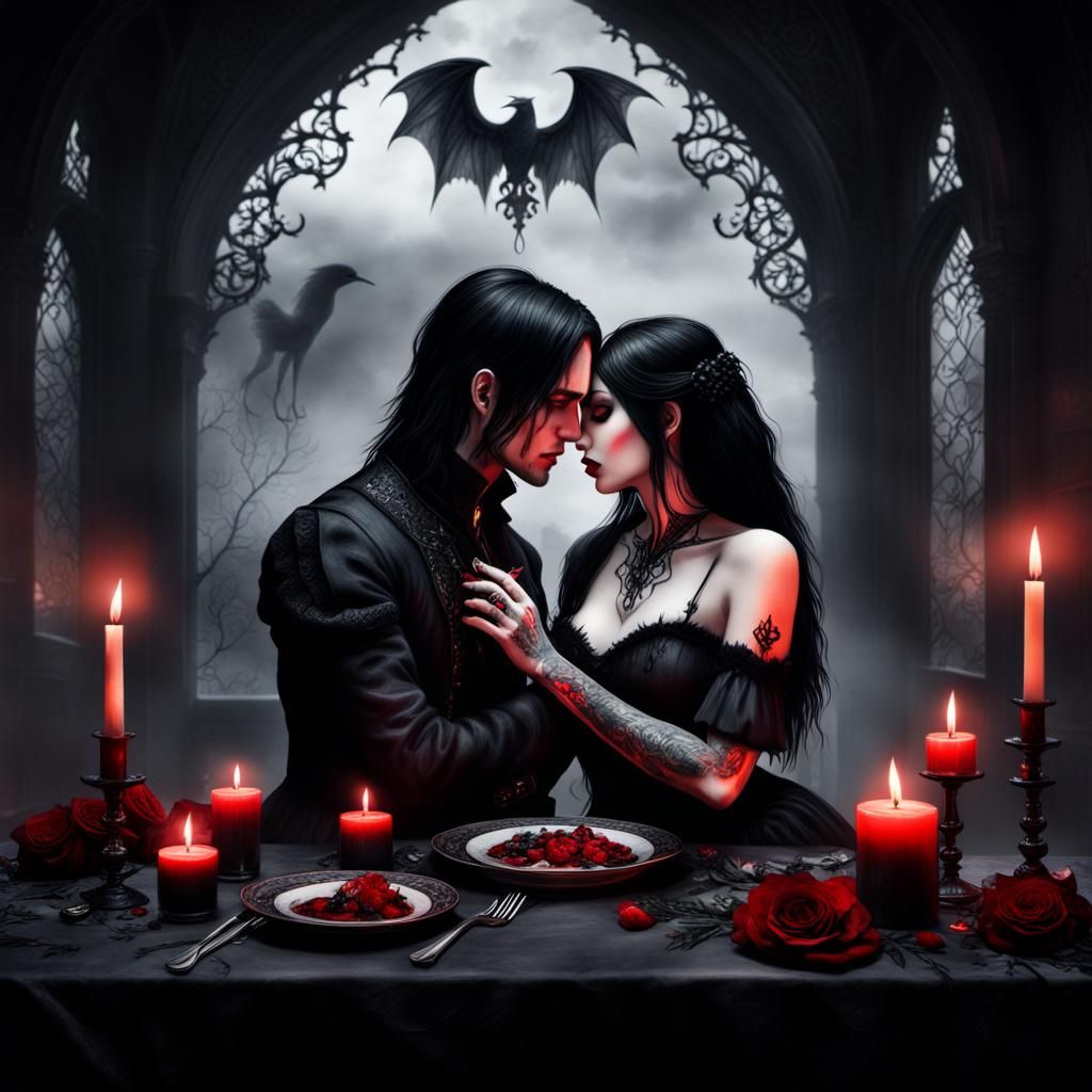 A gothic couple sharing a special moment over a candlelit me...