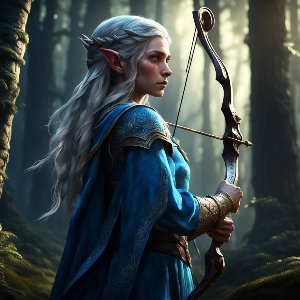 An elf in the forest, from a close point of view, holding a ...
