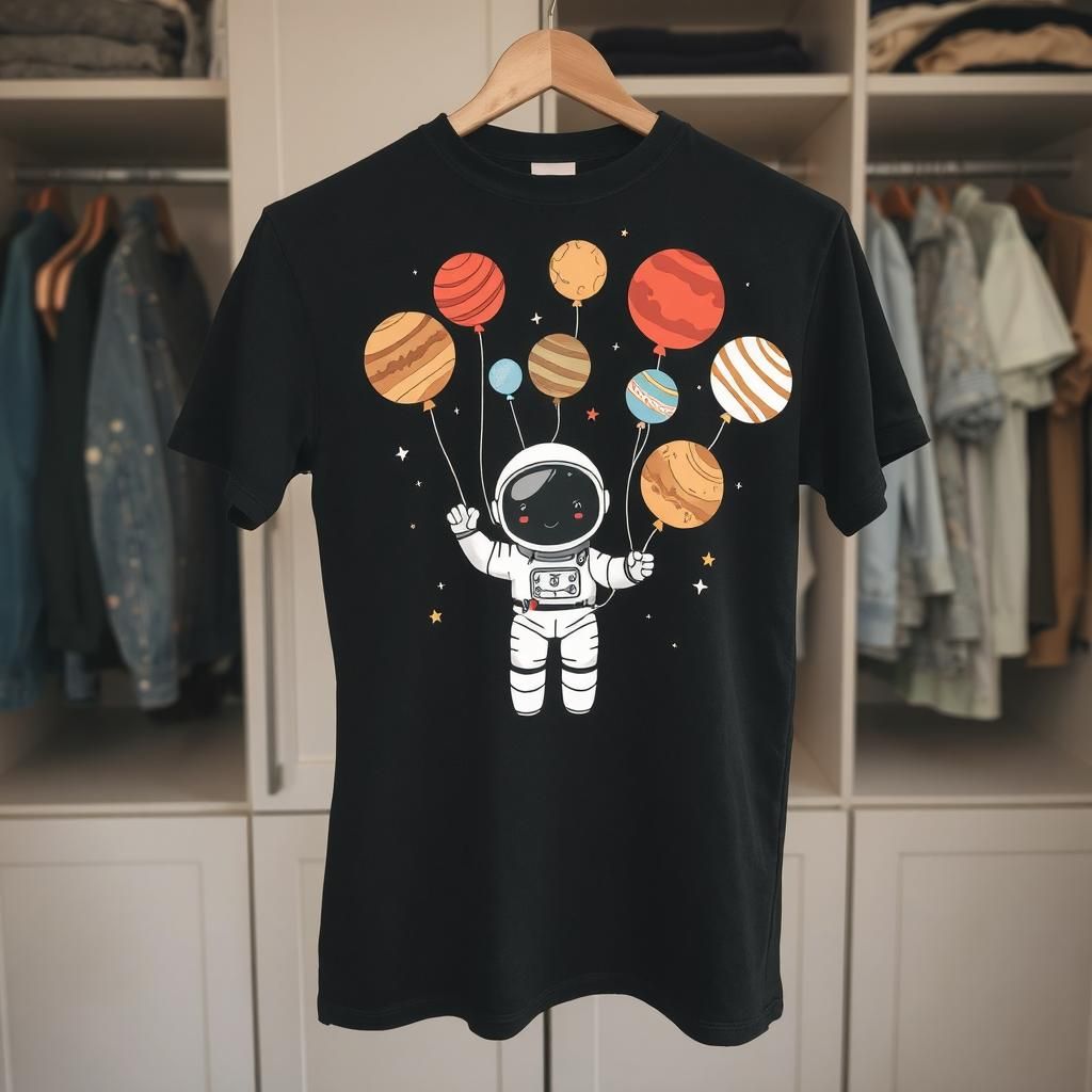 Cute astronaut holding balloons planets