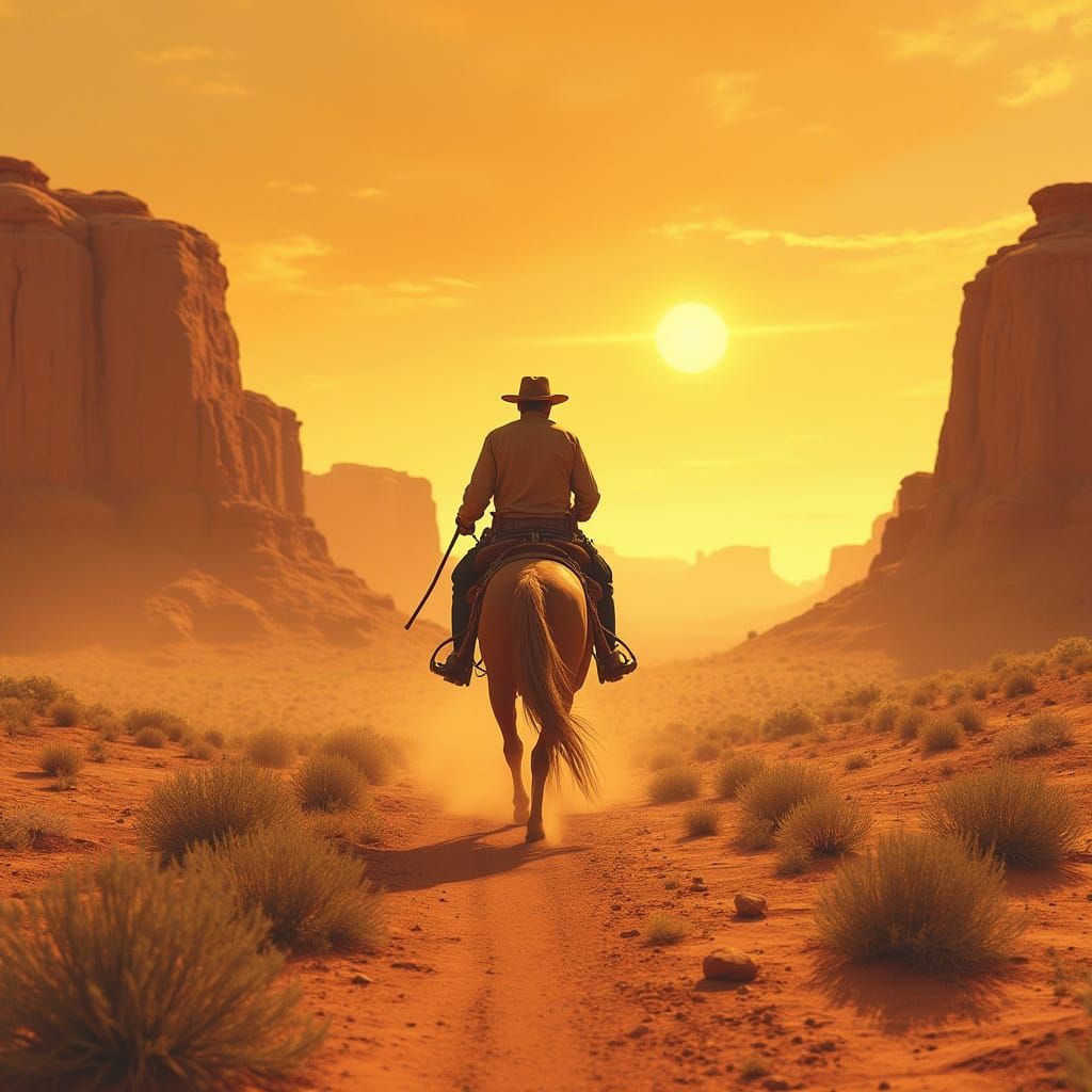 Gritty Western Cowboy Rides Desert Landscape in Cinematic St...