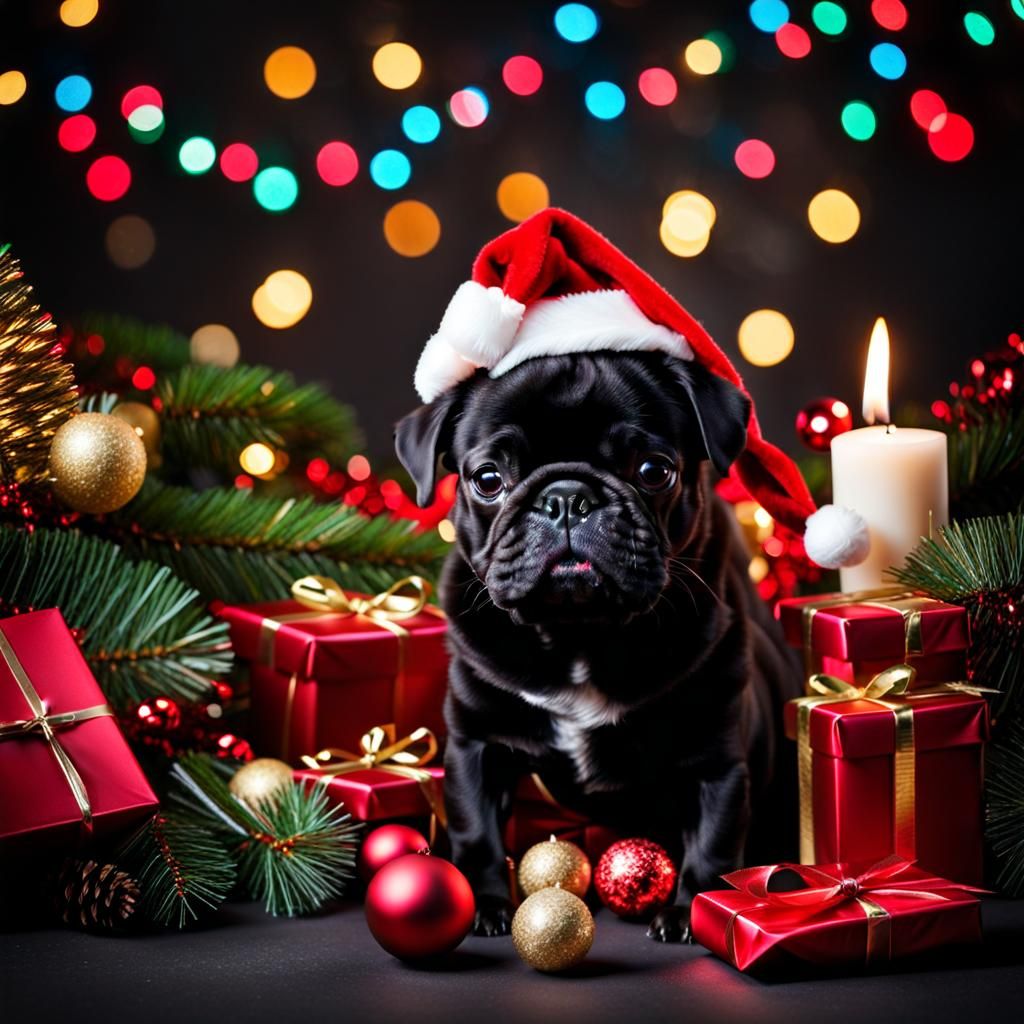 Cute little black pug celebrating christmas holidays