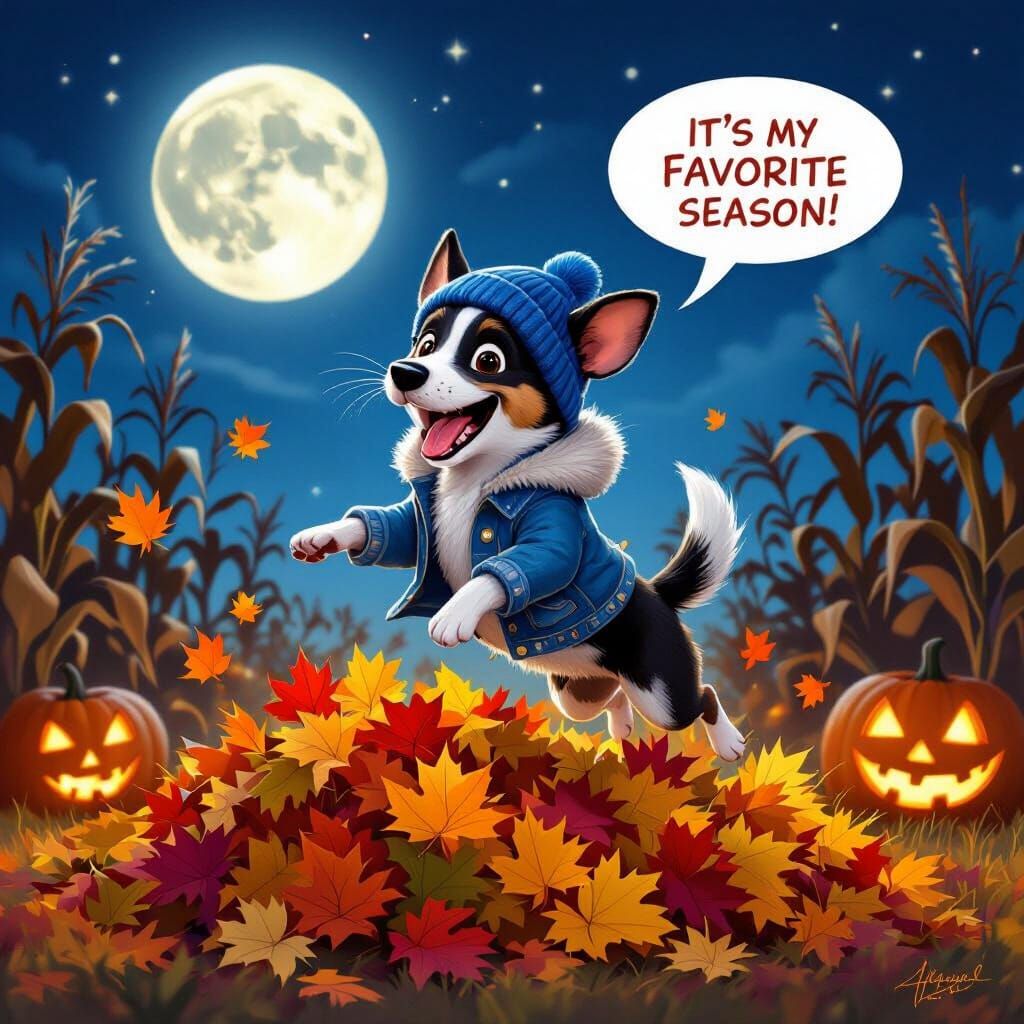 A young animorphic black and white Rat Terrier is wearing a blue toboggan and a denim jacket while jumping into a large pile of fall leaves ...
