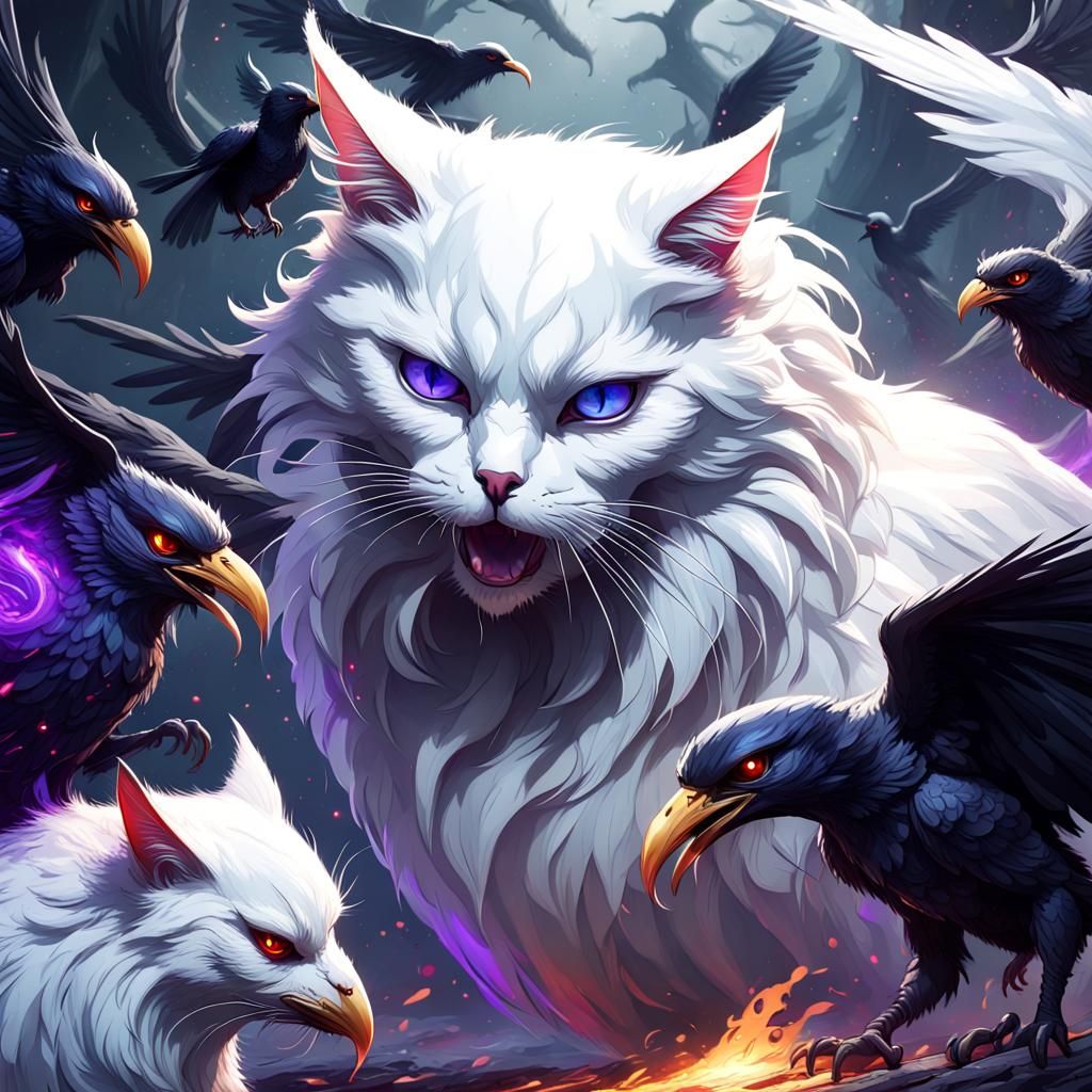 White cat with blue eyes fighting dark raven with red eyes