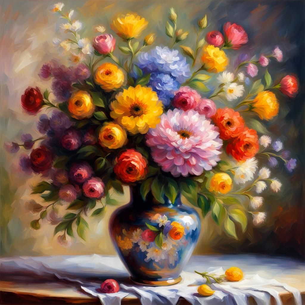 Impressionistic still lift painting of a vase full of gorgeous flowers.  by @John H Pedersen
