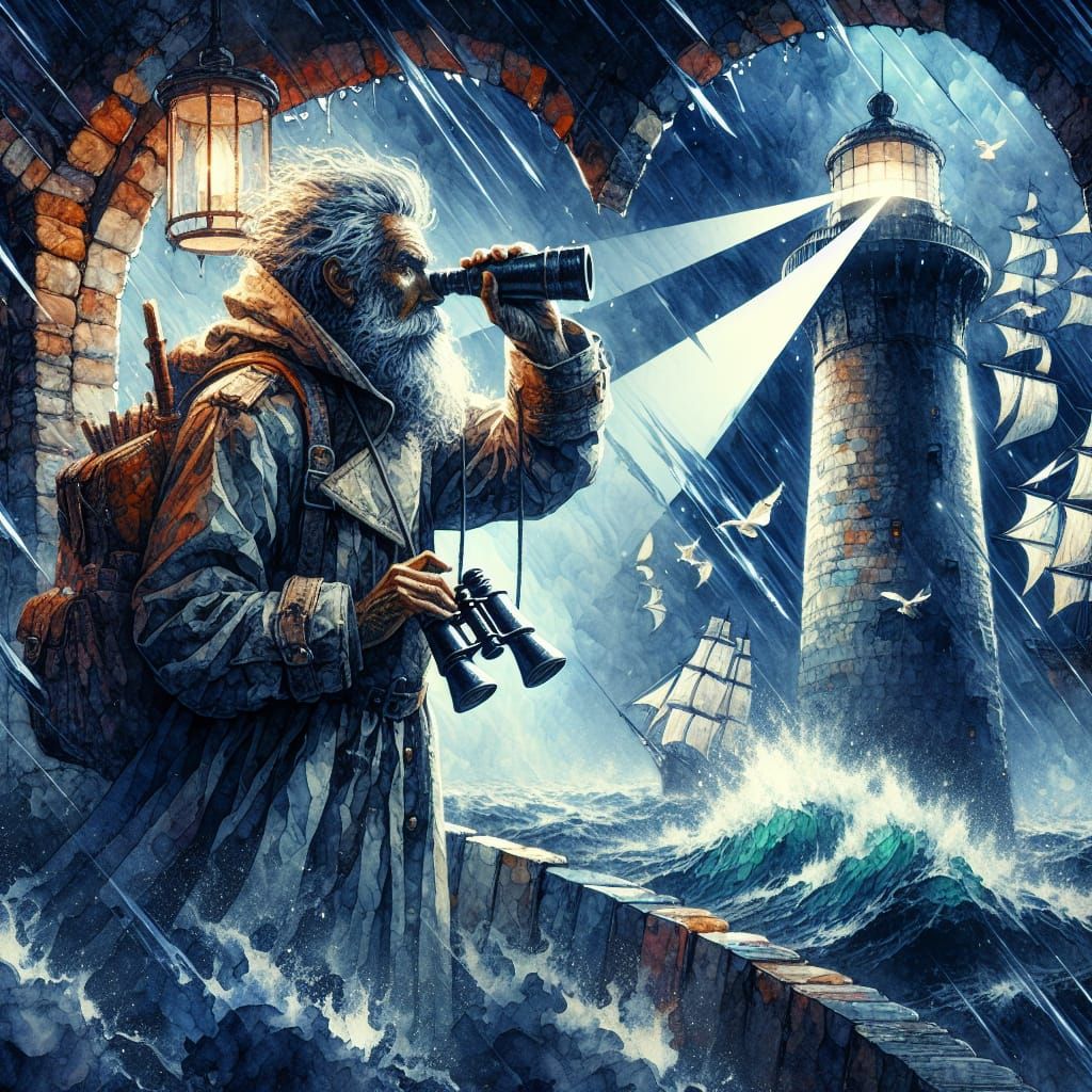 Dark and moody, (An old gray haired lighthouse keeper with b...