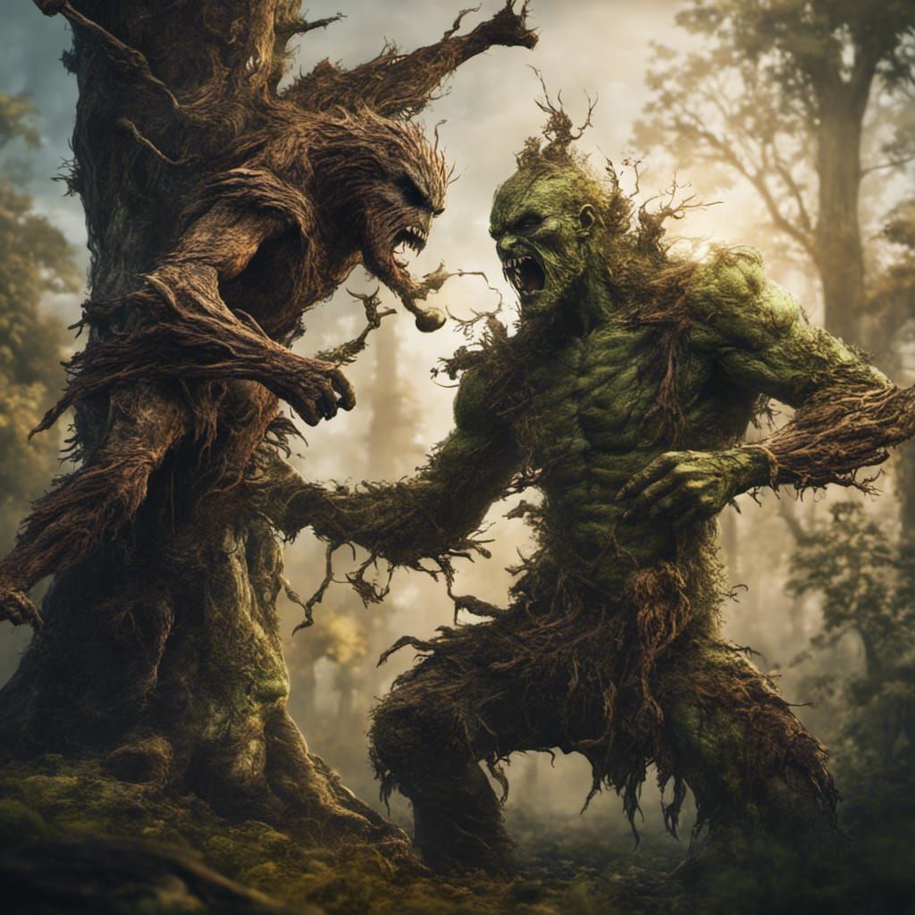 treeman fighting a barkman with sticks