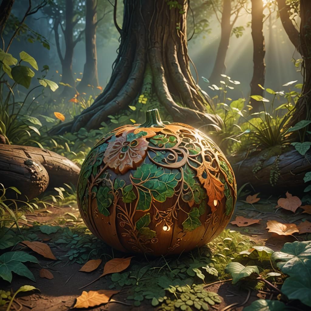photorealism. High definition. 400k. A cinematic image of an elaborately carved gourd, laying on a forest ...  by @Crystal