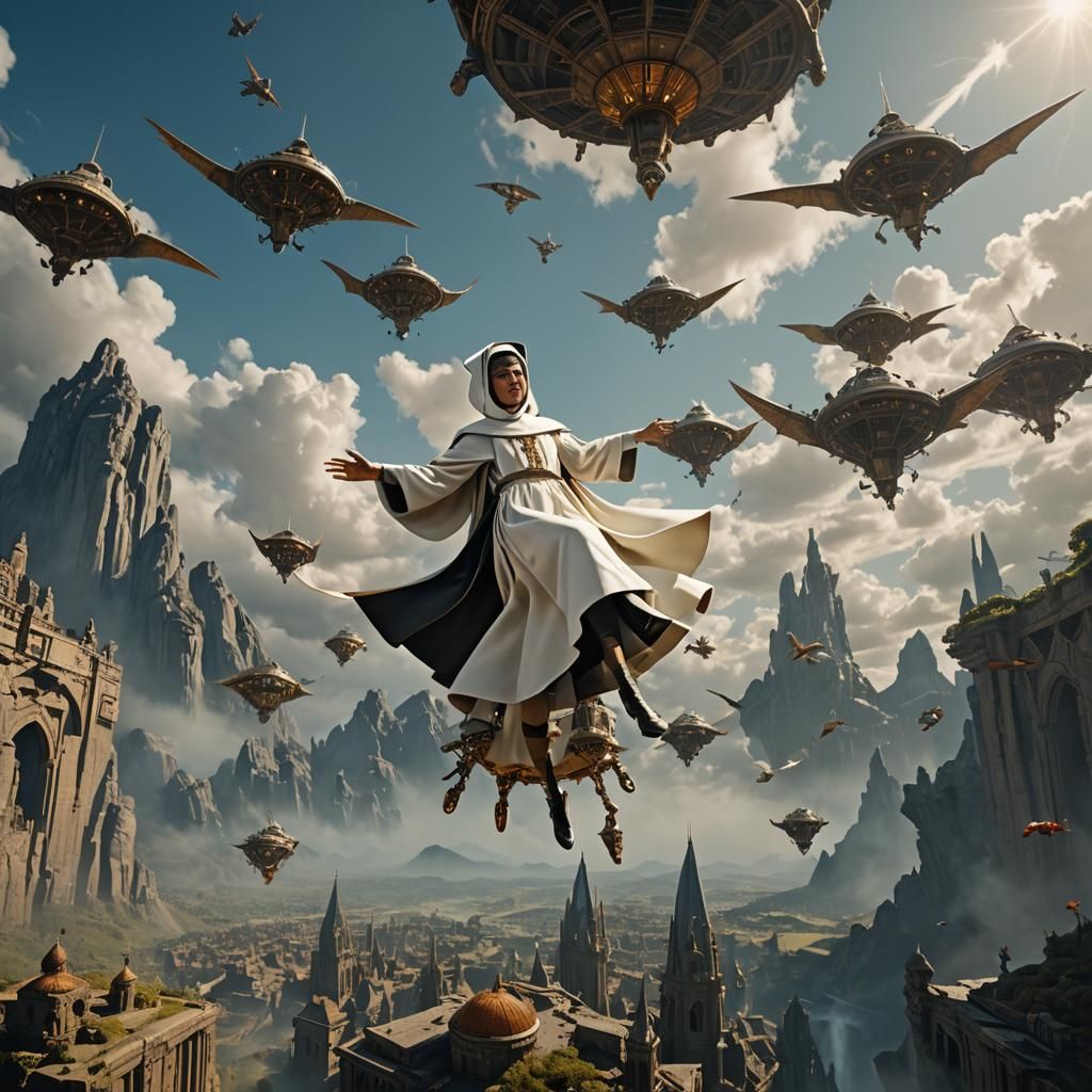 The flying nun, up close beautiful band young flying above m...