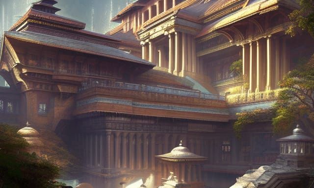 Large Futuristic Art Deco Architecture, multiple floors of g...