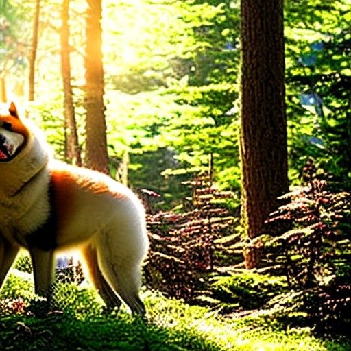 Akita in the forest, focus on akita, akita with great postur...