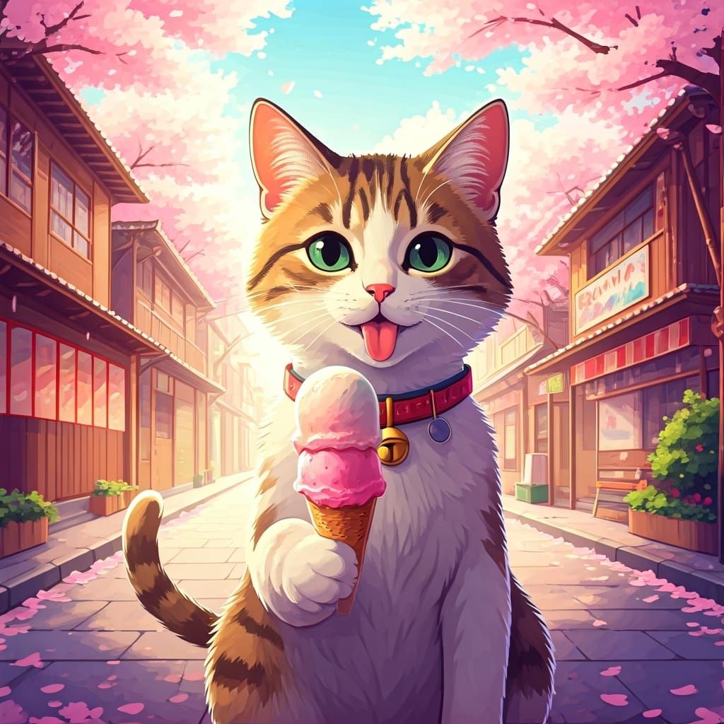 Cat Licking Ice Cream in Anime Cherry Blossom Street
