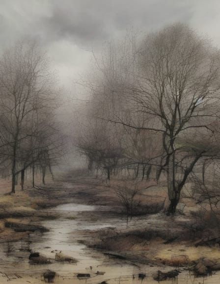 Melancholy Figure Waits Under Umbrella in Charcoal Sketch