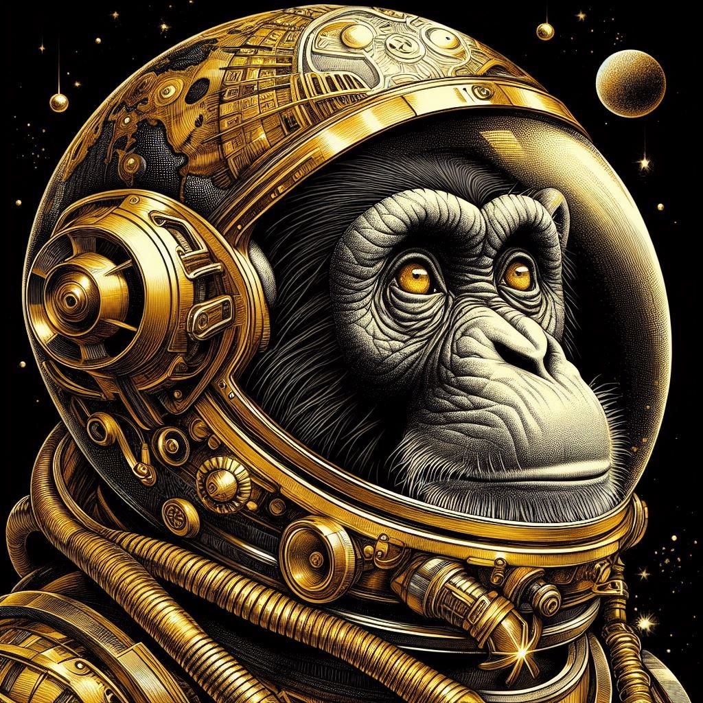 Chimp in a golden spacesuit