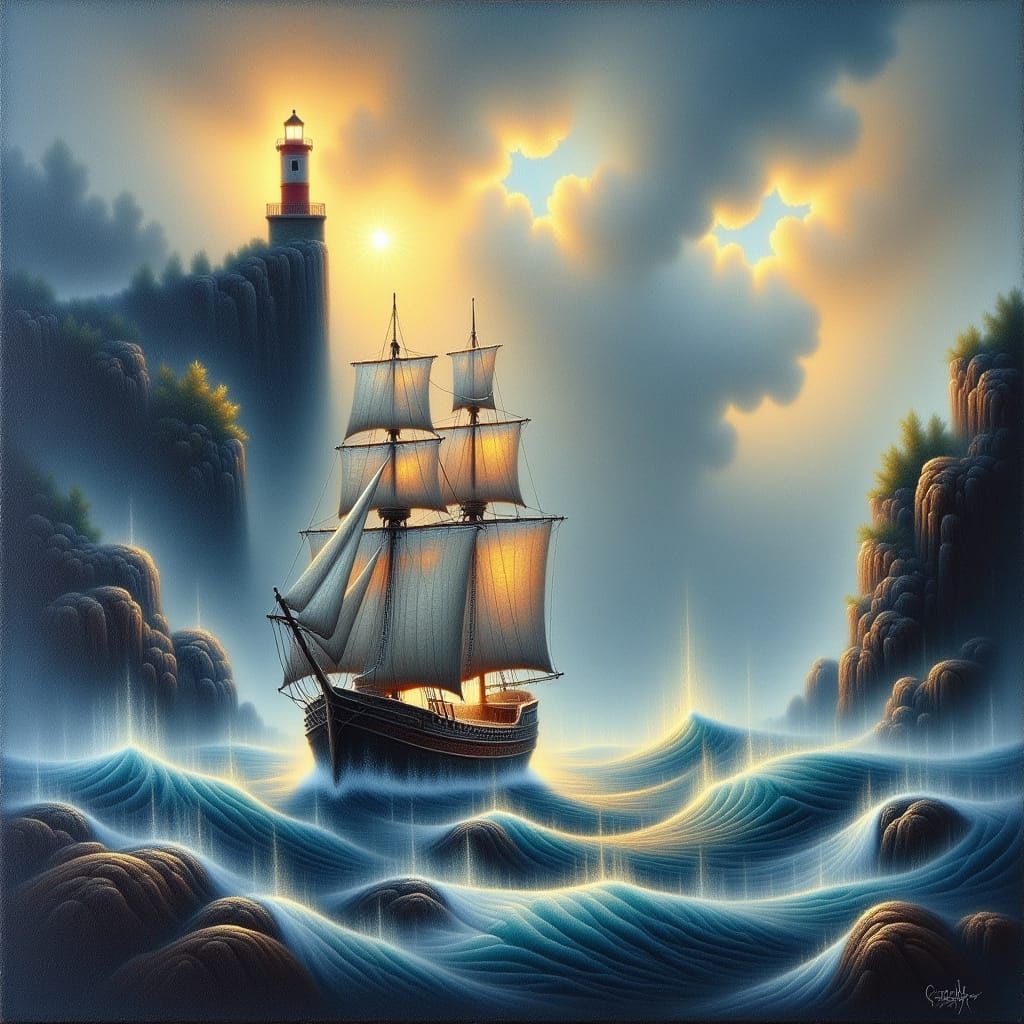 <lora:felt:1.0> Oil painting on felt. ship in stormy sea sails to lighthouse on cliff. Oil painting on felt. Very soft focus, diffused light...