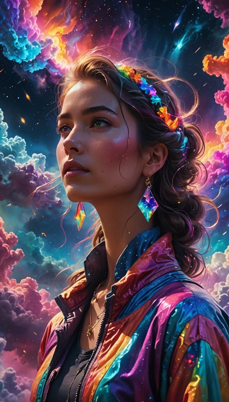girl wearing rainbow earrings and clothing