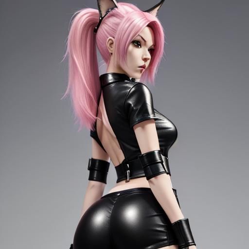 4k, pink hair, lynx woman, beautiful back side of female sle...