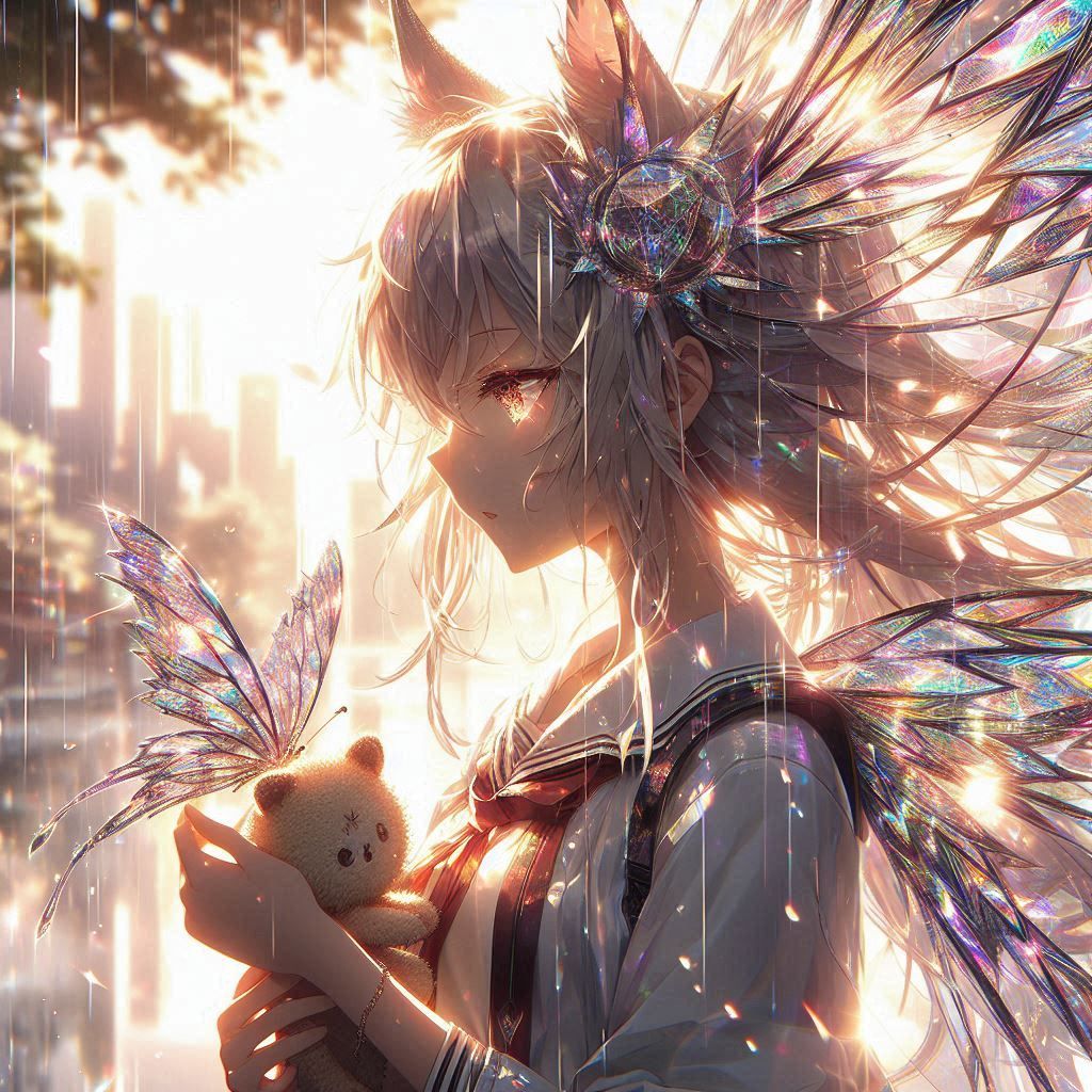 Butterfly anime girl, city background