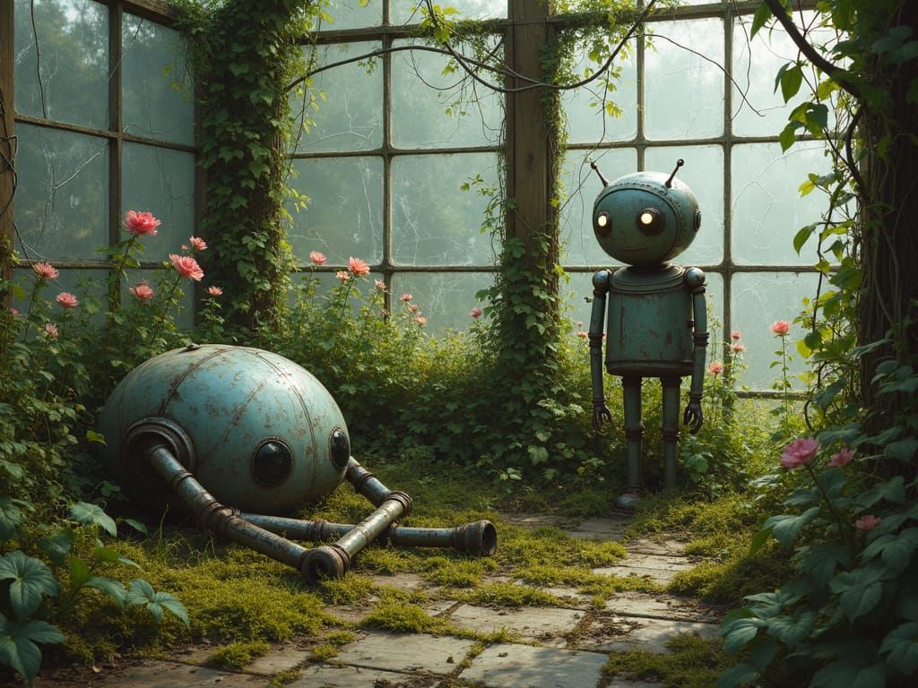 A weathered tin guardian is resting on the moss-covered floor of an overgrown greenhouse, surrounded by tangled vines, b...