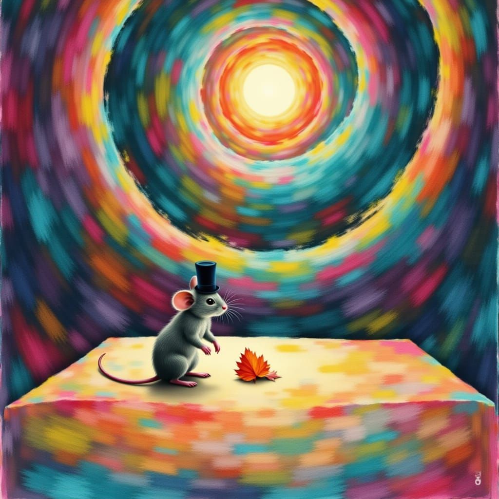 <lora:eyeseesurreal:1.0> A tiny mouse wearing a miniature top hat, meticulously arranging a single fallen leaf on a vast, empty stage. The b...