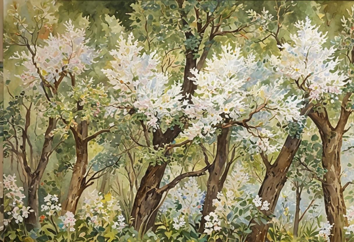 Impressionist Gouache Painting of Calming Trees