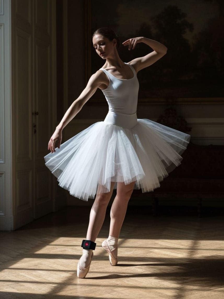 Vermeer inspired fine art photograph named "The ballerina with the ankle monitor" no. 1