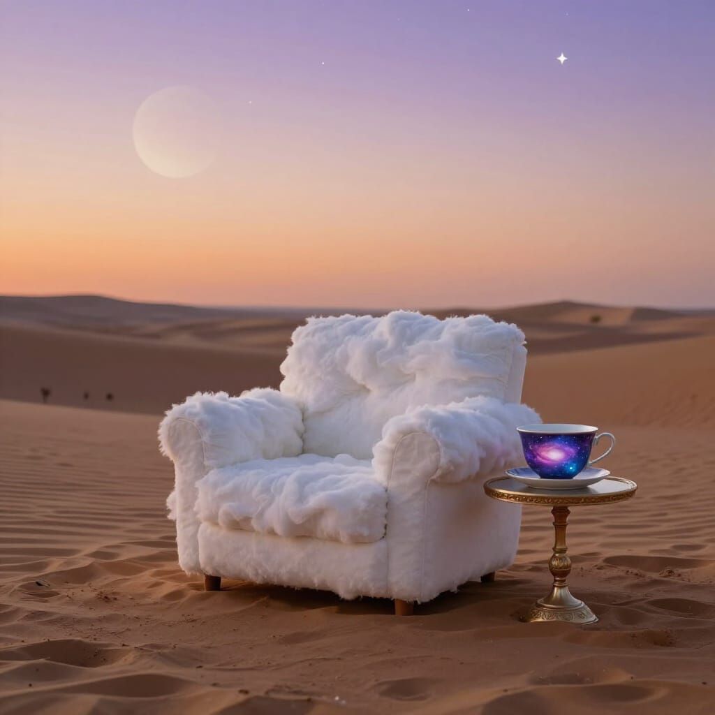 Plush Armchair in Desert With Galaxy Teacup at Dusk