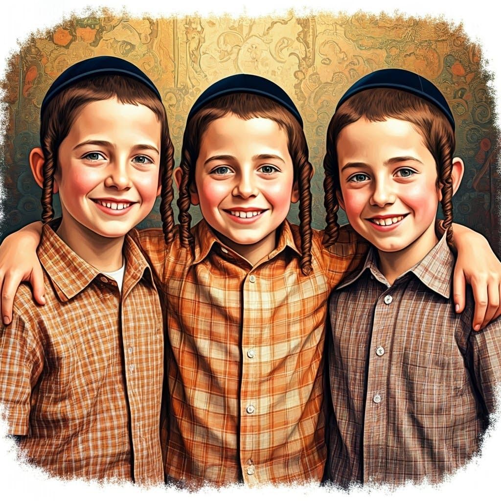 Three Young Hasidic Friends Share a Joyful Moment