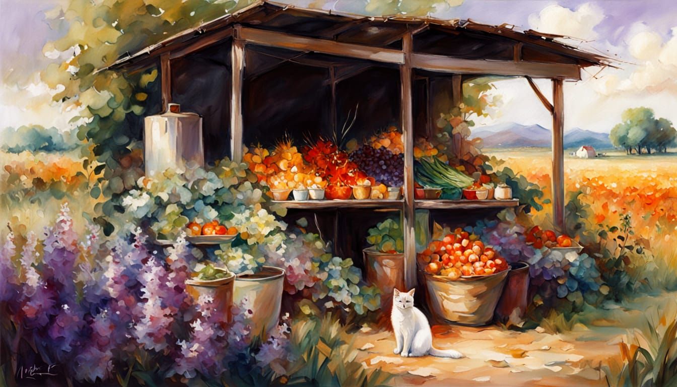 highly detailed. A lovely farmstand with lots of vegetables and fruit, next to the stand sits a beautiful sitting long-haired Siamese cat. F...