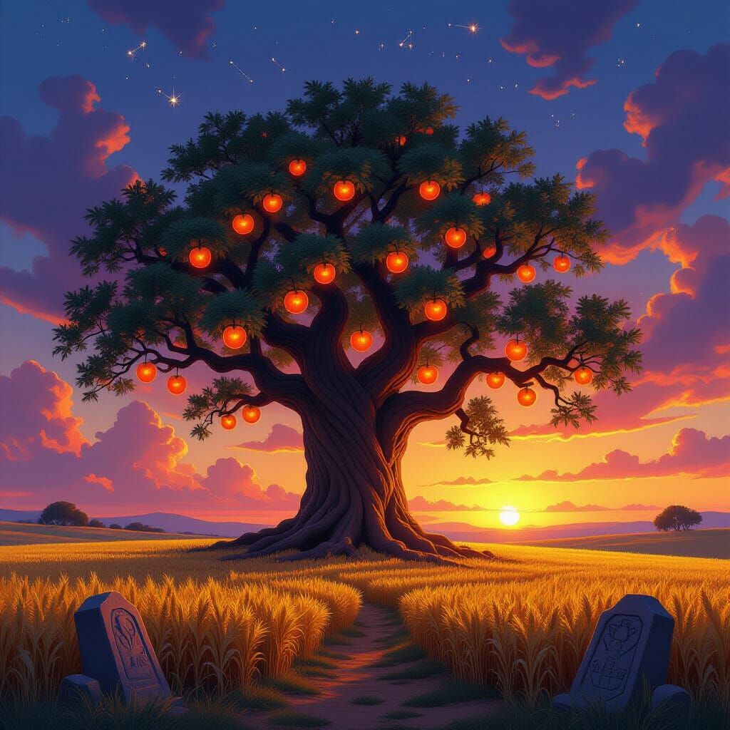 A colossal, ancient tree, its branches laden with glowing, amber-colored fruit, stands sentinel in a vast, rolling field of ripe wheat. The ...