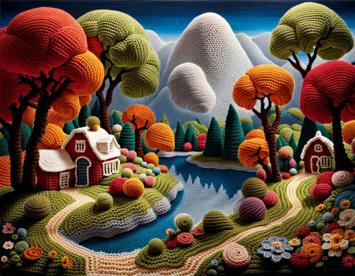 A little crochet cottage landscape  by @yellowhyena
