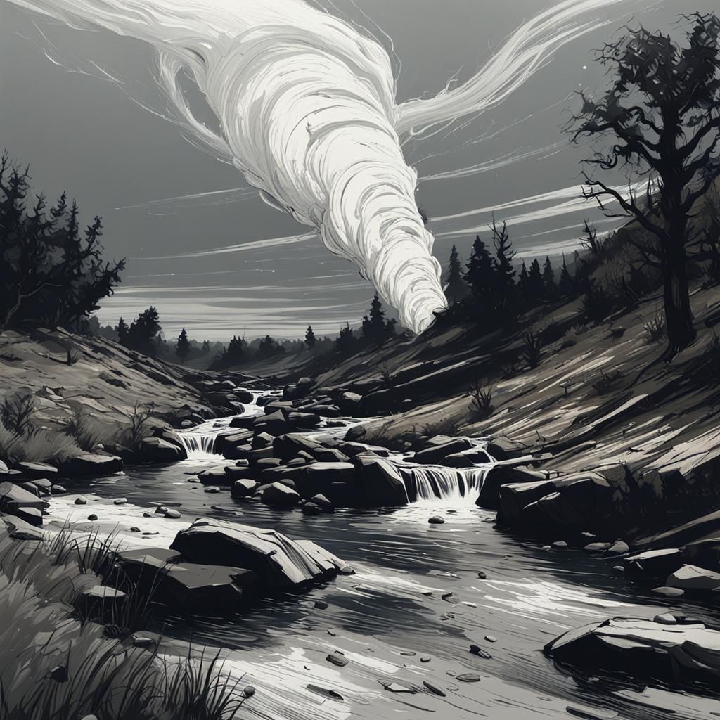 Tornado Emerges Creekside: Sketch Ink Art