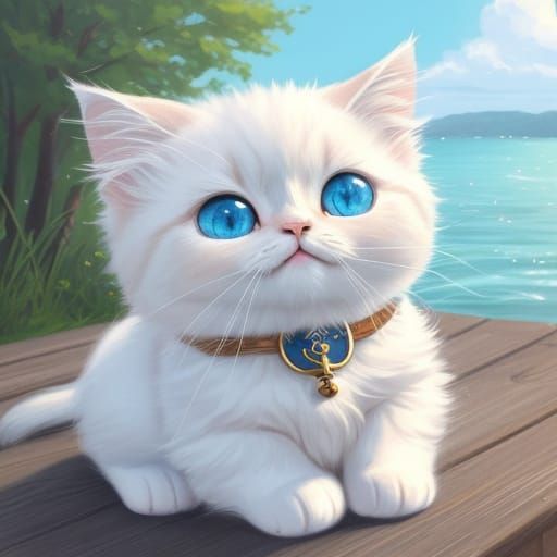 Cute Fluffy Cat in Sailor Outfit on Pier
