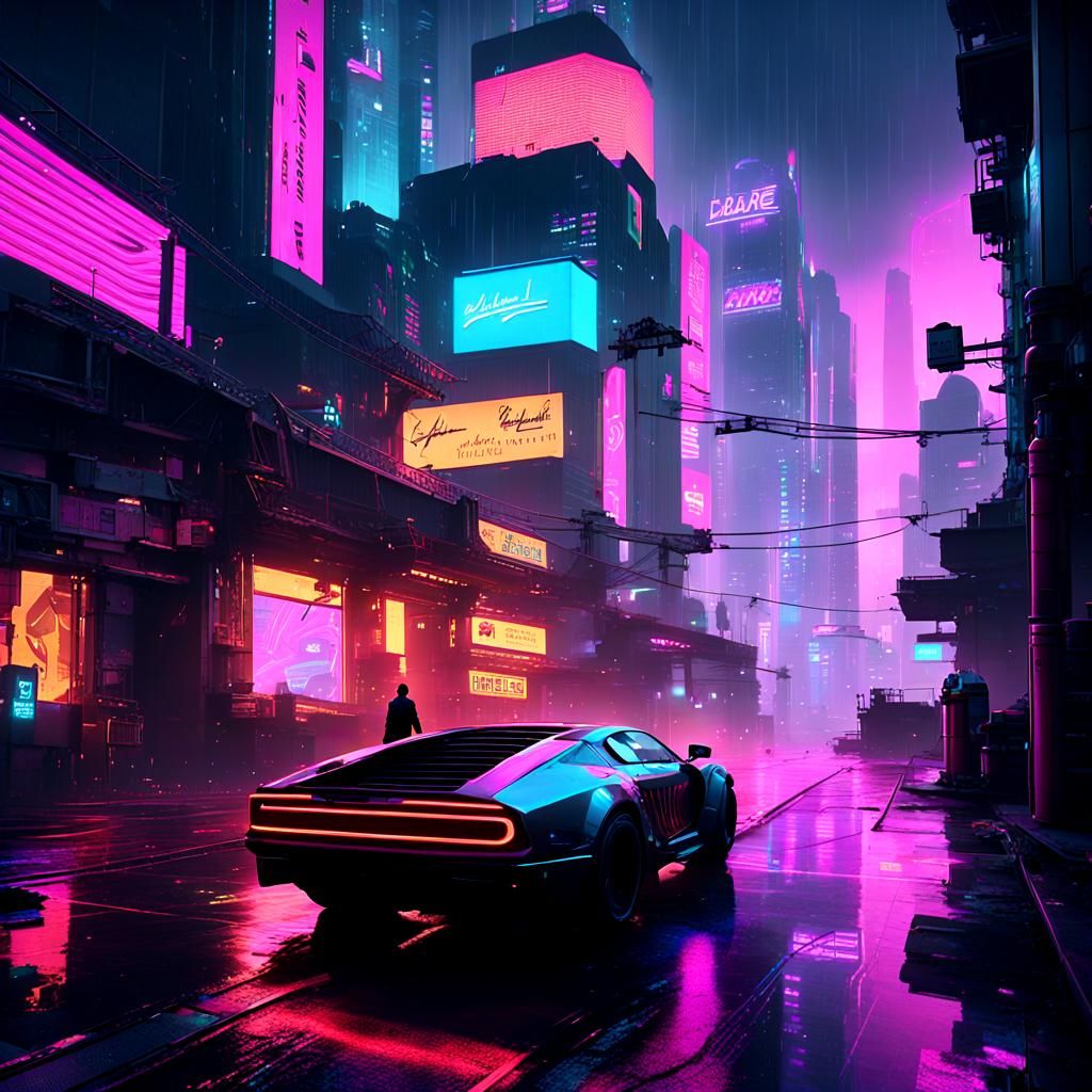 a neon-lit, futuristic city street from 2040