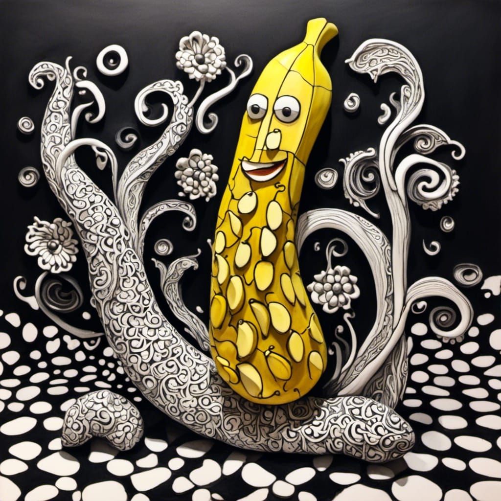 <lora:Hot Demonic Weather:1.0> 3d Statuary of an banana in the style of Jean Dubuffet, zentangle surrealism. ...  by @Naomi